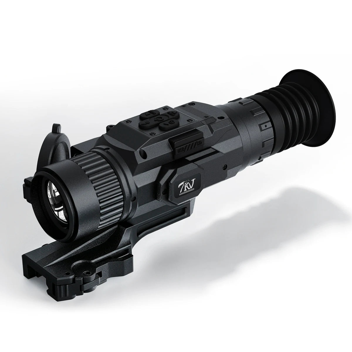 A black thermal rifle scope with a ribbed eyepiece and mounting base, featuring a visible 'TNJ' logo on the side, photographed on a clean white background with a soft shadow.