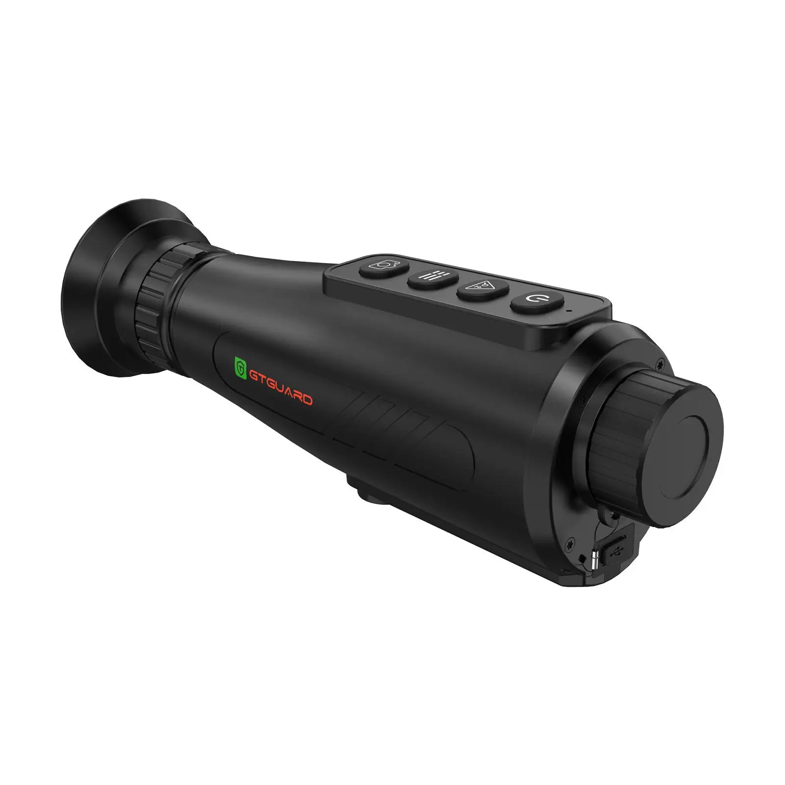 A black thermal monocular scope with a top-mounted control panel