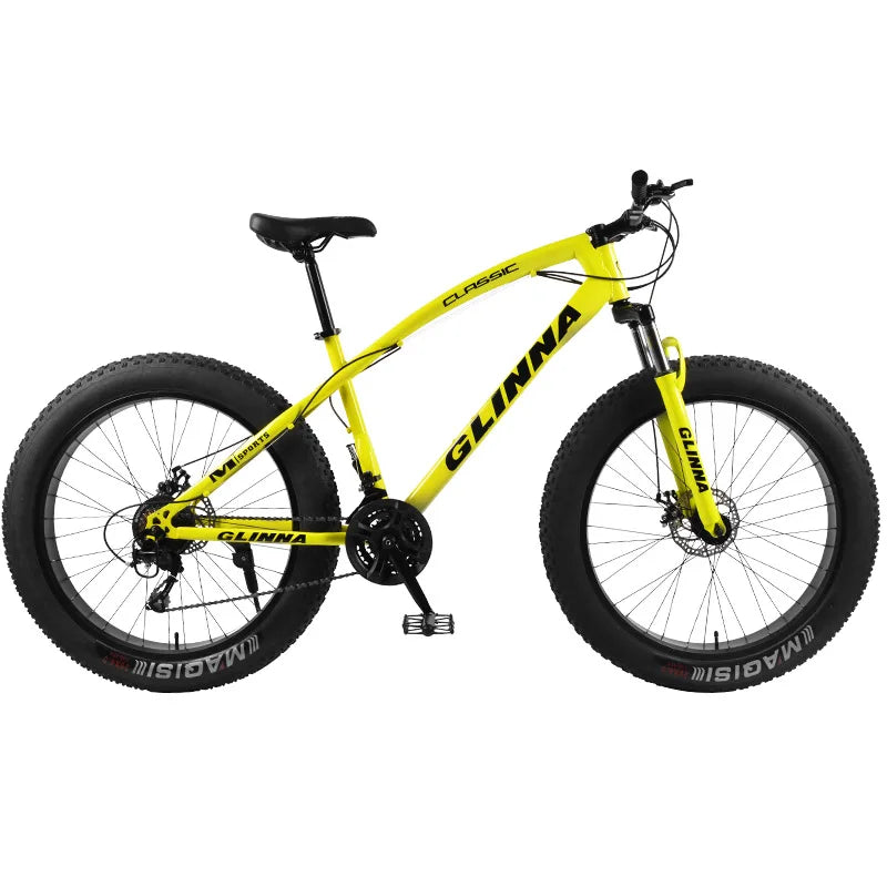 A bright yellow mountain bike with black fat tires, a black saddle, and black components, shown from a side profile on a white background. The brand name 'GLINNA' is prominently displayed on the frame and wheels.